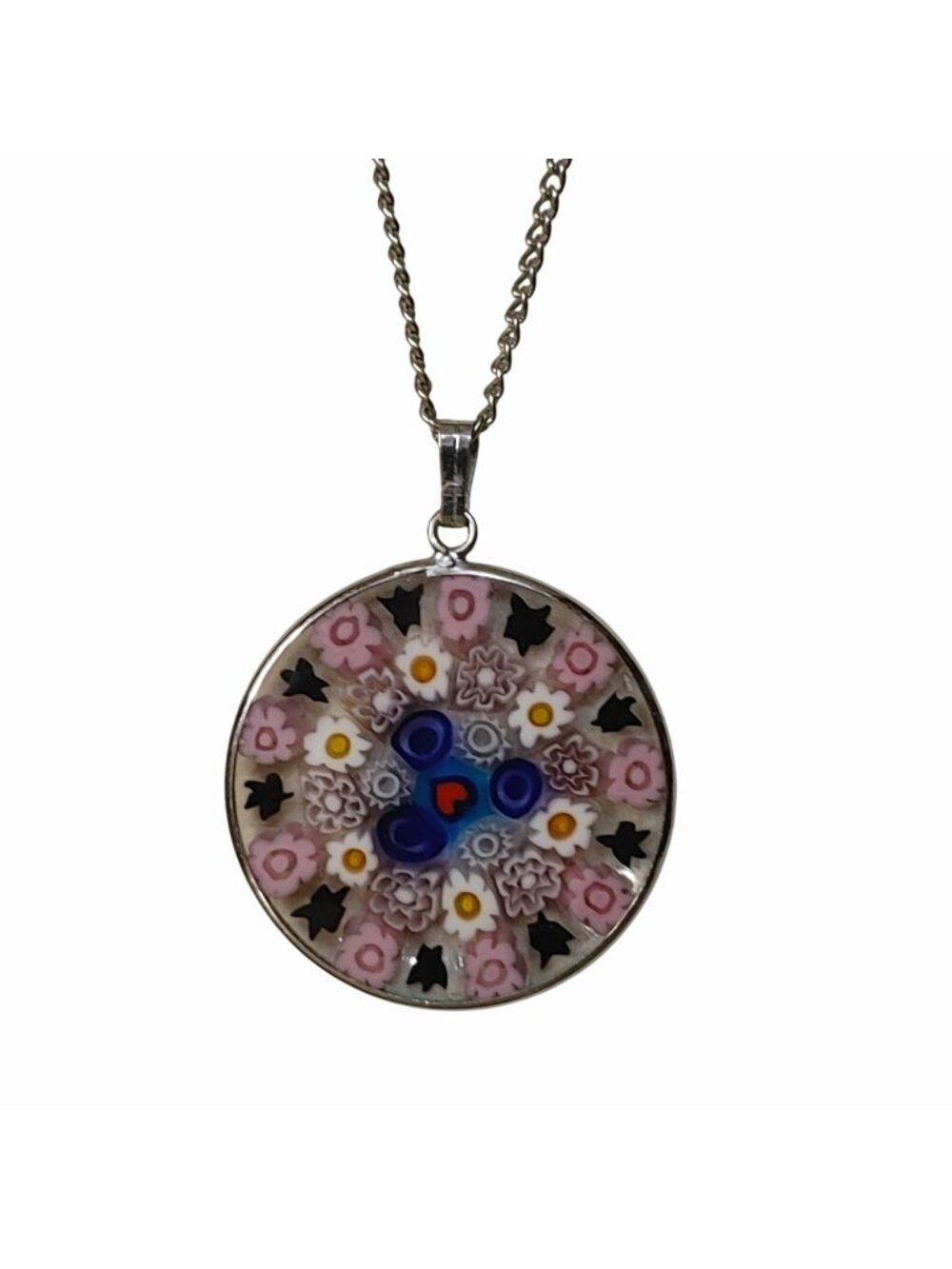 Venetian Millefiori Pendant Necklace Murano Silver Tone Chain Floral Stars Heart